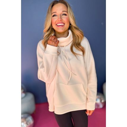 Apricot Drawstring Turtleneck Dolman Sleeve Sweatshirt