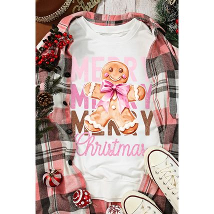Beige Merry Christmas Gingerbread Man Graphic Sweatshirt