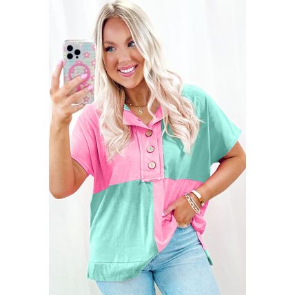Mint Green Two Tone Half Buttons Collared T Shirt