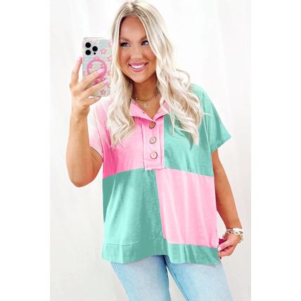 Mint Green Two Tone Half Buttons Collared T Shirt