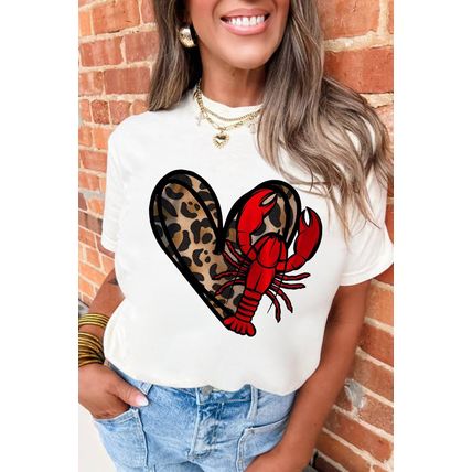 White Crawfish Leopard Heart Print Crewneck Tee