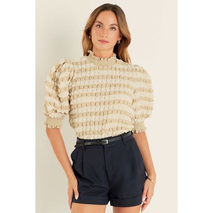 Beige Textured Mock Neck Short Sleeve Blouse