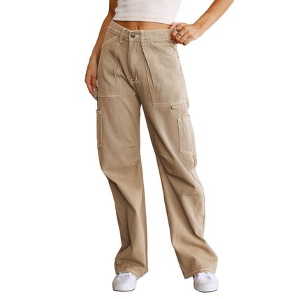 Khaki High Waist Straight Leg Cargo Pants with Pockets