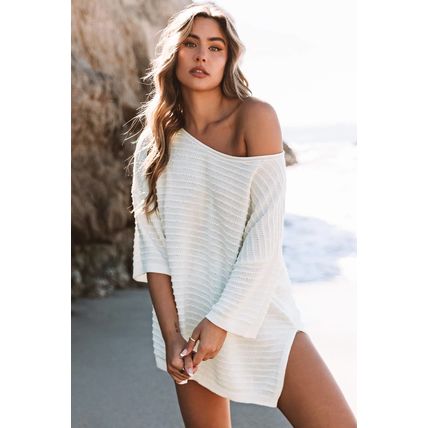 Beige Textured Knit Drop Shoulder Short Sleeve Sweater