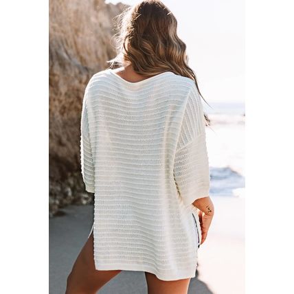 Beige Textured Knit Drop Shoulder Short Sleeve Sweater