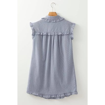 Blue Stripe Frilled Sleeveless Collar Front Pocket Button Up Mini Dress