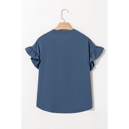 Real Teal Solid Color Ruffle Ruched Short Sleeve Buttoned Shirt