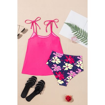Rose Red Tie Shoulder Floral Print Cute Tankini Set