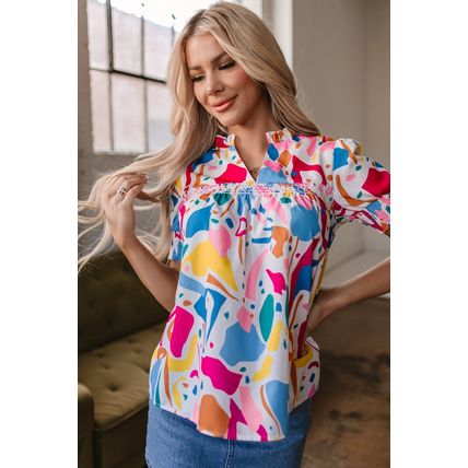 Multicolour Abstract Print Lace Detail Shirred Short Sleeve Split Neck Blouse