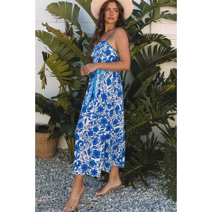Blue Floral Printed Spaghetti Strap Maxi Dress with Waist Tie