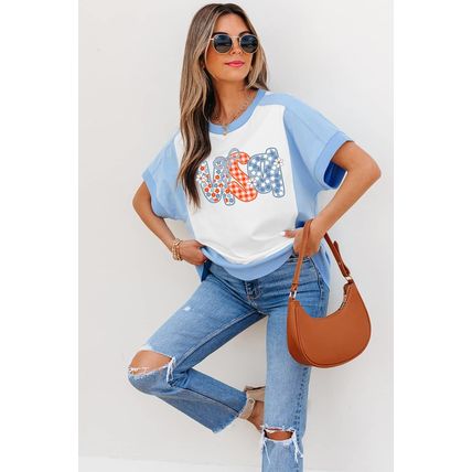 Sky Blue Star Plaid Flower USA Graphic Color Block Crewneck T Shirt