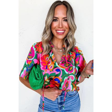 Rose Summer Plant Print Lace up V Neck Short Sleeve Blouse