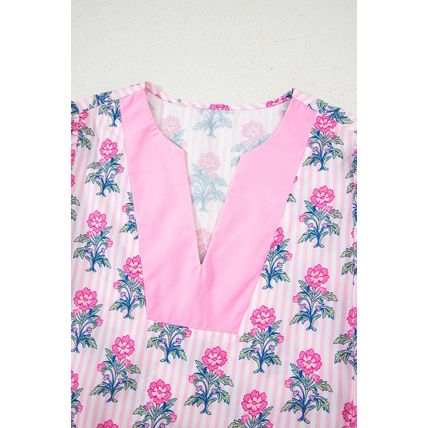 Rose Floral Striped Print Contrast Patchwork Ruffle Hem Blouse