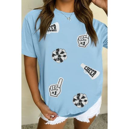 Light Blue Cheer Game Day Element Sequin Patched T Shirt