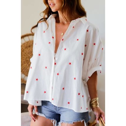 White Little Stars Printed Loose Half Sleeve Loose Shirt