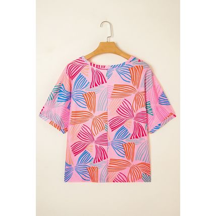 Pink Bowknot Printed Waffle Crewneck Loose Short Sleeve Top