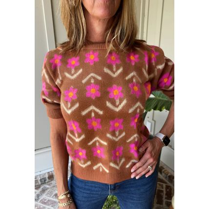 Brown Floral Short Puff Sleeve Sweater