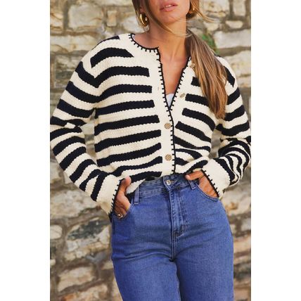 Black Stripe Chic Golden Button Cardigan Sweater