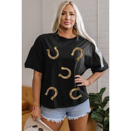 Black Western Shiny Horseshoes Pattern High Low Hem Casual T Shirt