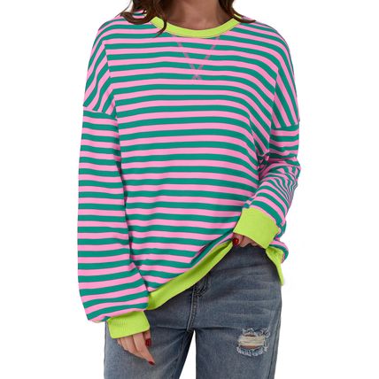 Rose Stripe Contrast Ribbed Trim Crossed Stitch Drop Shoulder Sweatshirt