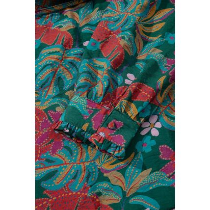 Green Floral Friled V Neck Puff Sleeve Ruffled Shirt Dress