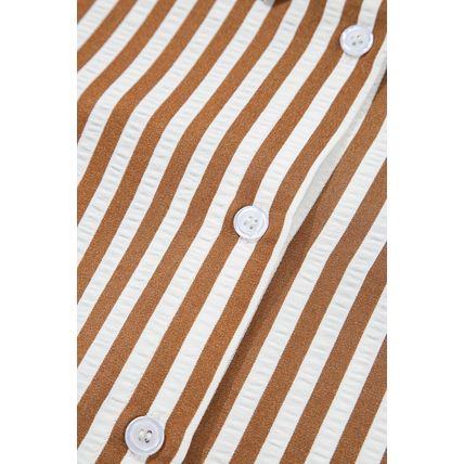 Brown Stripe Ruffled Hem Collared Long Sleeve Shirt Mini Dress