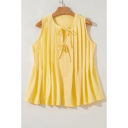 Yellow Cream Bow Tie Notched Neck Pleated Tank Top