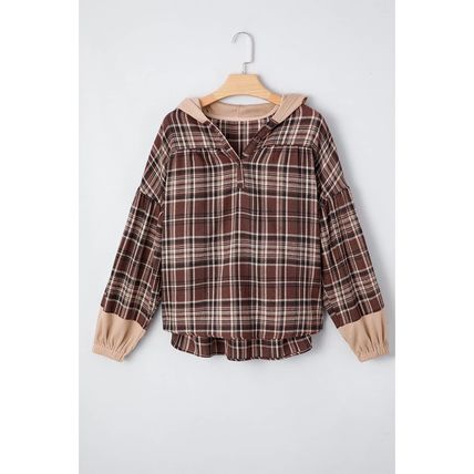 Brown Plaid Patchwork Long Sleeve Button Hooded Blouse