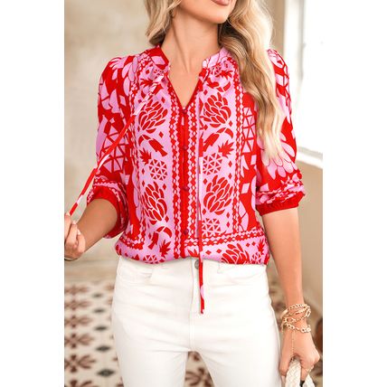 Strawberry Pink Abstract Floral Print Tie Neck Button Decor 3/4 Sleeve Blouse