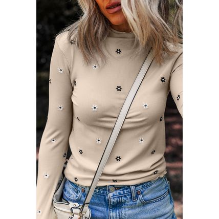 Jet Stream Floral Embroidered Detail Ribbed Long Sleeve Top