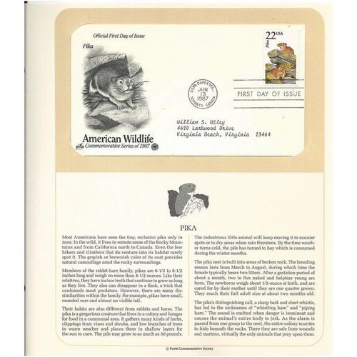 AMERICAN WILDLIFE ' OFFICIAL FIRST DAY of ISSUE ' PIKA (1987)