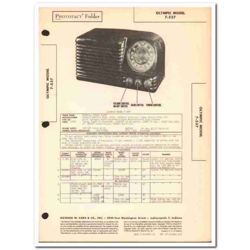 olympic model 7-537 6-tube am fm radio receiver sams photofact manual