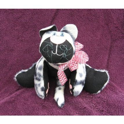 Sitting Cat Doll Handmade Black White Faux Fur 16 inches tall Adjust Position