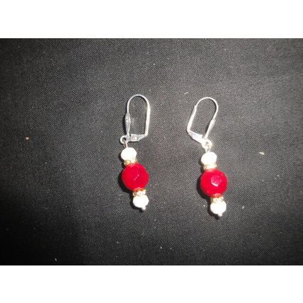 Faceted 10mm dark red with bright white accent glass lever back earrings