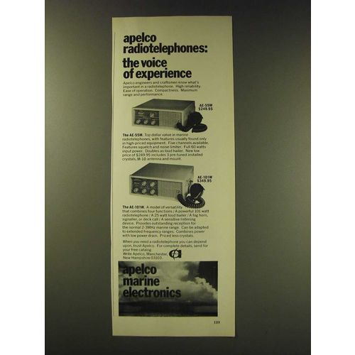 1971 Apelco Marine Electronics AE-55M and AE-101W Radiotelephones Ad
