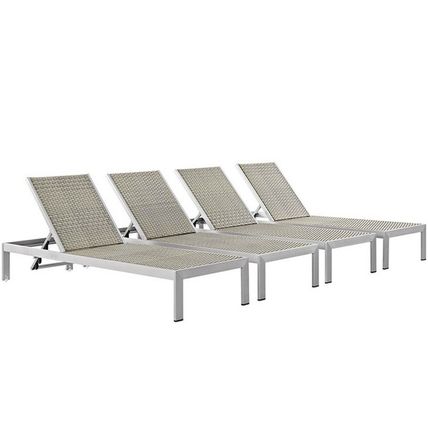 4 Brushed Aluminum Outdoor Lounge Sun Chairs Silver Gray Rattan Weave Lounger
