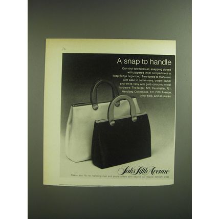 1974 Saks Fifth Avenue Vinyl Tote Advertisement - A snap to handle