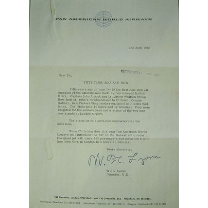 PAN AMERICAN AIRLINES LETTER AND COVER 1969 WITH GREAT BRITAIN STAMP