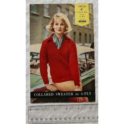 Vintage: Penelope No. 1824 patterned collared sweater, 4 ply, 36 inch bust