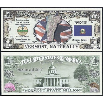 State of Vermont Million Dollar Bill Novelty Note - Wholesale Lot Of 200