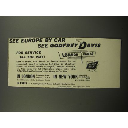 1955 Godfrey Davis Car Hire Ad - See Europe by car see Godfrey Davis