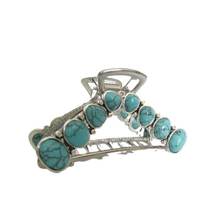 Hair claw clip turquoise blue stone silver metal western design