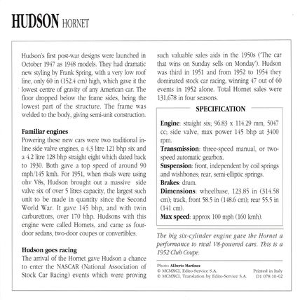 Collectors Club card. Classic Cars. Hudson Hornet
