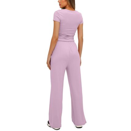 2pcs Solid Color Casual Sports Yoga Suit Short-sleeved Top And High-waisted Draw