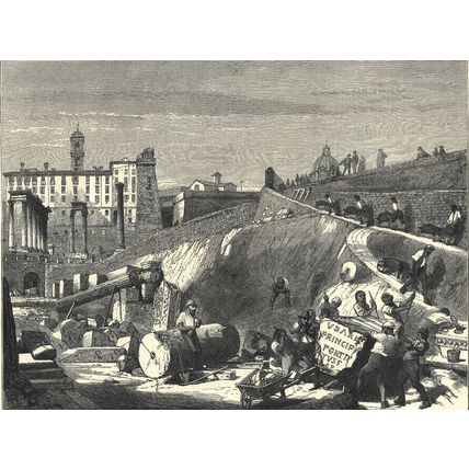 ROME - EXCAVATIONS IN THE FORUM ROMANUM 1872 VICTORIAN ENGRAVING