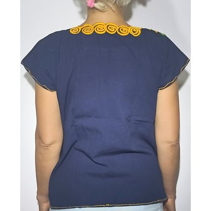 Sunflowers Embroidered Cotton Canvas Dark Navy Blue Blouse Chiapas Mexico
