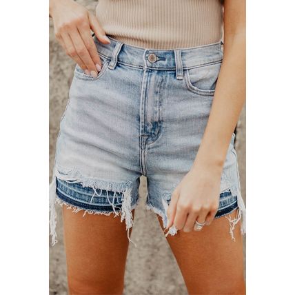 Light Blue Vintage Washed Raw Edge Jean Shorts