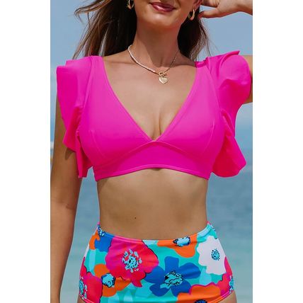 Rose Red Ruffled V Neck Swim Top