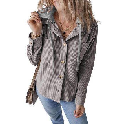 Light Grey Hooded Drawstring Pockets Corduroy Shacket