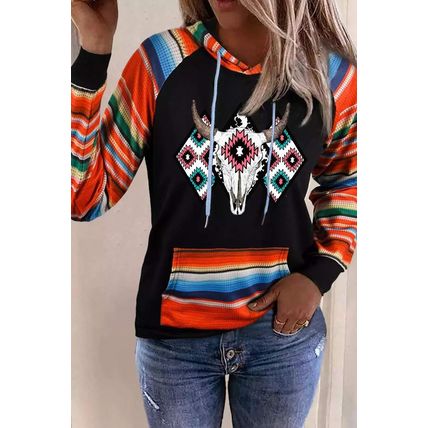Multicolor Western Steer Head Aztec Serape Patchwork Pocketed Hoodie